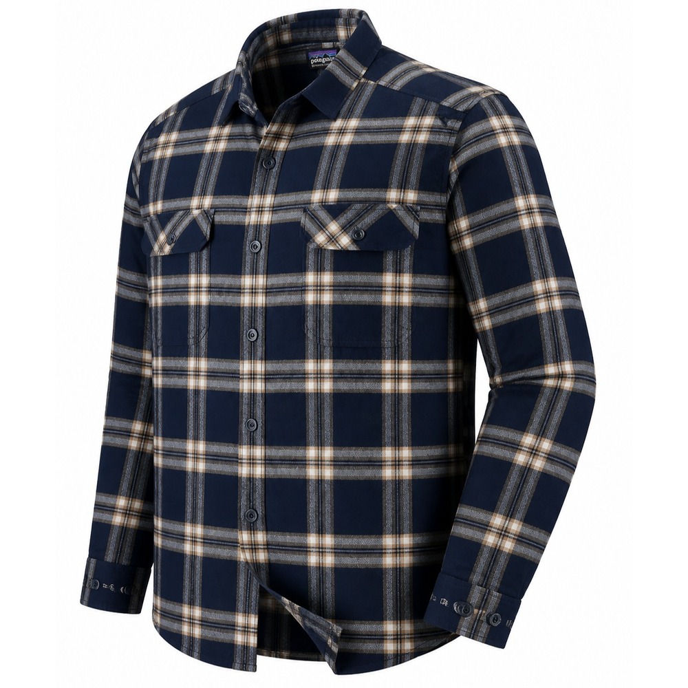 Patagonia Fjord Flannel Shirt Men L Blue Gold Plaid Heavy Organic Cotton Hiking